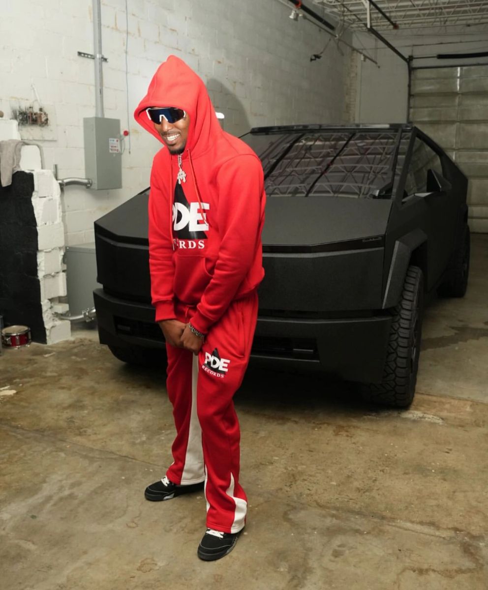 PDE Hoodie & Flare Pants Set in red, alternate view